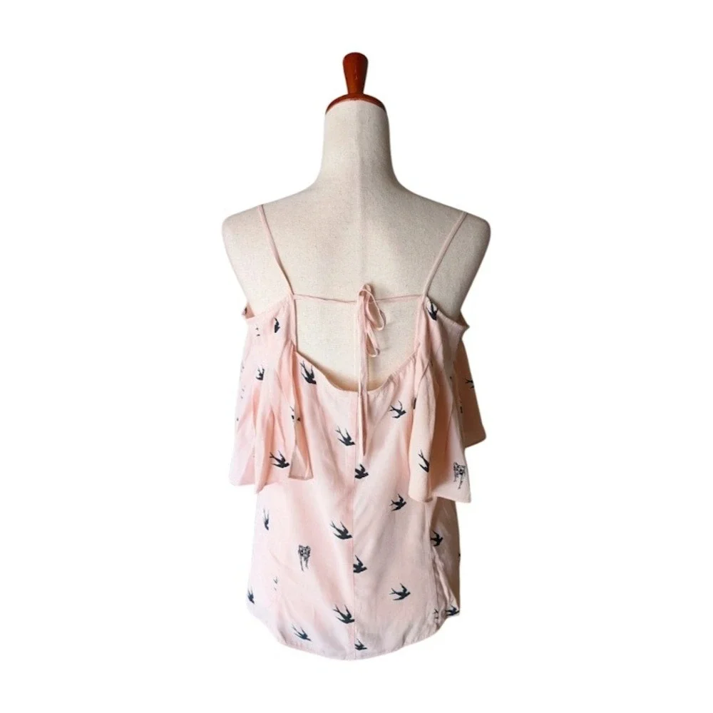 McQ Alexander McQueen Pink Swallow Bird Print Cold Shoulder Ruffle Top Size 44 - Picture 5 of 11